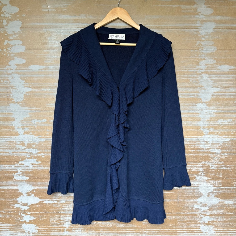 St. John Collection Santana Knit Ruffle Cardigan Jacket Preppy Elegant Womens 2